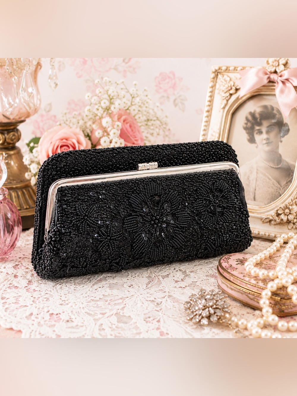 VTG Hand Beaded‎ Hong Kong Black Bead & Sequin Folding Carry Clutch Evening Bag